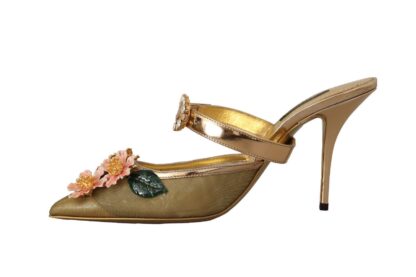 Dolce & Gabbana - Floral Embellished Gold Leather Heels