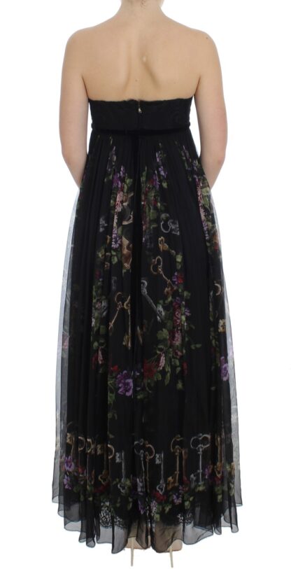 Dolce & Gabbana - Multicolor Rose & Key Print Maxi Dress with Crystal