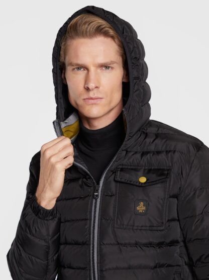 Refrigiwear - Elegant Black Hooded Down Jacket with Chic Olive Accent