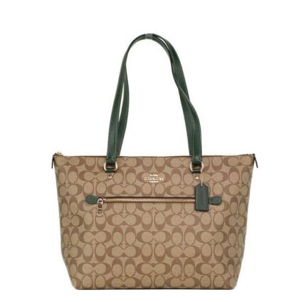 COACH - Signature Coated Canvas Khaki Amazon Green Leather Gallery Tote Bag