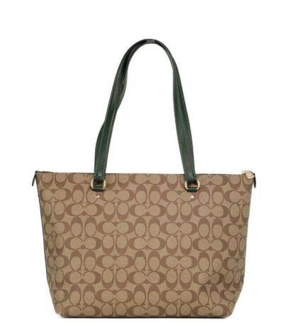 COACH - Signature Coated Canvas Khaki Amazon Green Leather Gallery Tote Bag