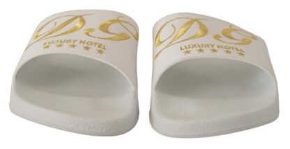 Dolce & Gabbana - Chic White Leather Slides with Gold Embroidery