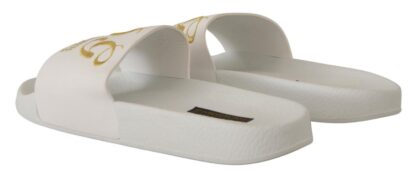 Dolce & Gabbana - Chic White Leather Slides with Gold Embroidery