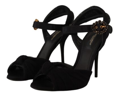 Dolce & Gabbana - Black Tulle Ankle Strap Heels with Crystal Buckle