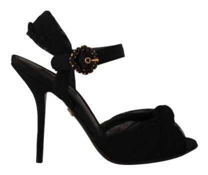 Dolce & Gabbana - Black Tulle Ankle Strap Heels with Crystal Buckle