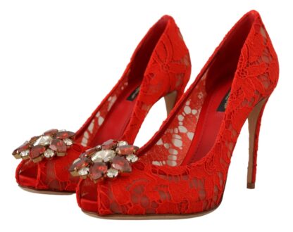 Dolce & Gabbana - Red Crystal Taormina Lace Heels Pumps