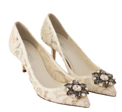 Dolce & Gabbana - Elegant White Lace Heels with Crystal Embellishment