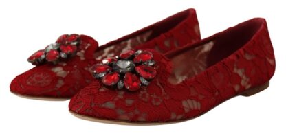 Dolce & Gabbana - Radiant Red Lace Ballet Flats with Crystal Buckle