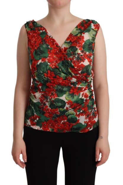 Dolce & Gabbana - Elegant V-Neck Geranium Print Silk Tank Top