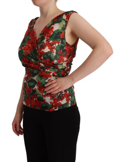 Dolce & Gabbana - Elegant V-Neck Geranium Print Silk Tank Top