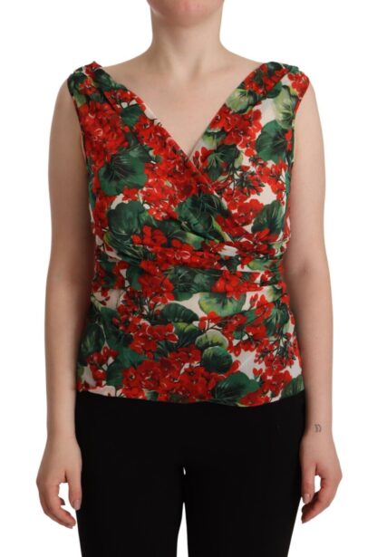 Dolce & Gabbana - Elegant V-Neck Geranium Print Silk Tank Top