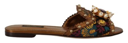 Dolce & Gabbana - Chic Floral Print Flat Sandals with Faux Pearl Detail