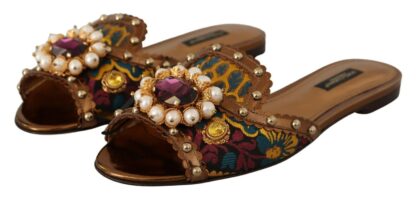 Dolce & Gabbana - Chic Floral Print Flat Sandals with Faux Pearl Detail