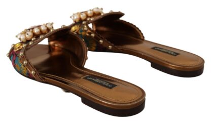 Dolce & Gabbana - Chic Floral Print Flat Sandals with Faux Pearl Detail