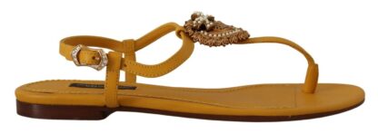 Dolce & Gabbana - Mustard T-Strap Flat Sandals with Heart Embellishment