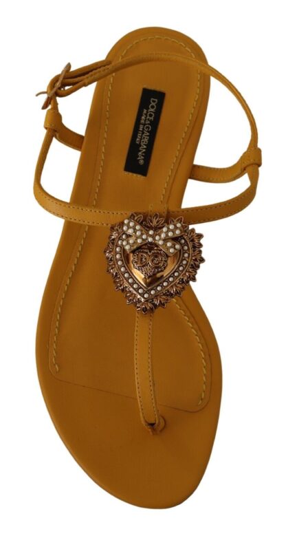 Dolce & Gabbana - Mustard T-Strap Flat Sandals with Heart Embellishment