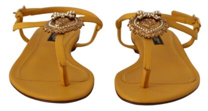 Dolce & Gabbana - Mustard T-Strap Flat Sandals with Heart Embellishment