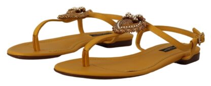 Dolce & Gabbana - Mustard T-Strap Flat Sandals with Heart Embellishment