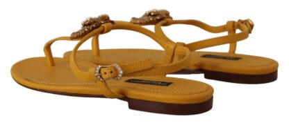 Dolce & Gabbana - Mustard T-Strap Flat Sandals with Heart Embellishment