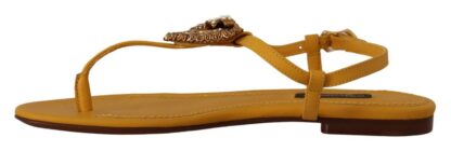 Dolce & Gabbana - Mustard T-Strap Flat Sandals with Heart Embellishment