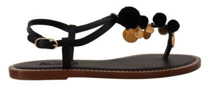 Dolce & Gabbana - Chic Leather Ankle Strap Flats with Gold Detailing