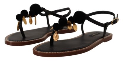 Dolce & Gabbana - Chic Leather Ankle Strap Flats with Gold Detailing