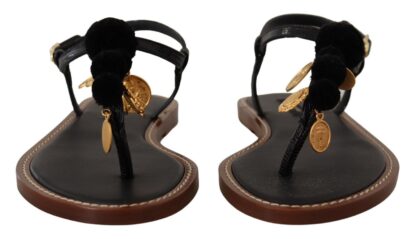 Dolce & Gabbana - Chic Leather Ankle Strap Flats with Gold Detailing