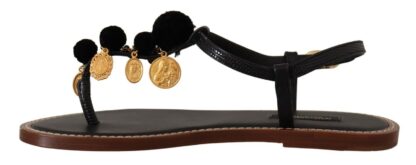 Dolce & Gabbana - Chic Leather Ankle Strap Flats with Gold Detailing