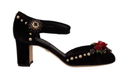 Dolce & Gabbana - Black Crystal Rose Heel Sandals