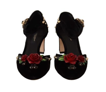 Dolce & Gabbana - Black Crystal Rose Heel Sandals