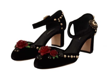 Dolce & Gabbana - Black Crystal Rose Heel Sandals