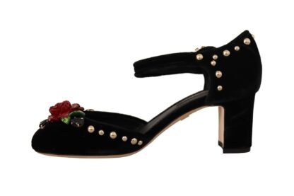 Dolce & Gabbana - Black Crystal Rose Heel Sandals