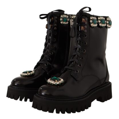 Dolce & Gabbana - Elegant Mid-Calf Combat Boots with Crystals