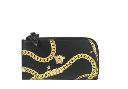 Versace - Black Smooth Leather Medusa Head Chain Organizer Zip Card Case Wallet