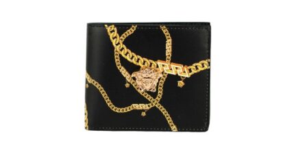 Versace - Black Smooth Leather Gold Medusa Head Chain Logo Bifold Organizer Wallet