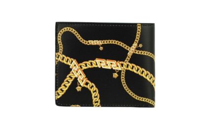 Versace - Black Smooth Leather Gold Medusa Head Chain Logo Bifold Organizer Wallet