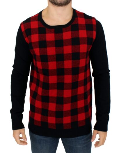 Costume National - Chic Red & Black Checkered Wool Crewneck Sweater