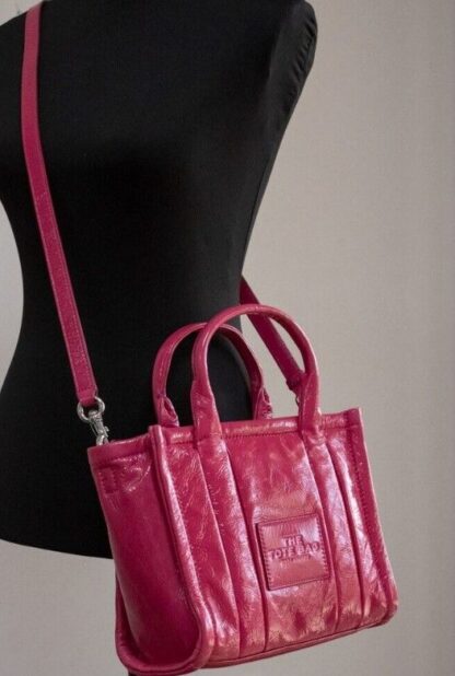 Marc Jacobs - The Shiny Crinkle Mini Tote Magenta Leather Crossbody Handbag Purse