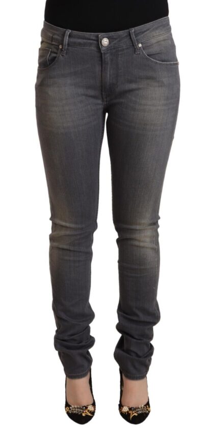 Acht - Elegant Dark Gray Skinny Jeans - Low Waist Zip Closure