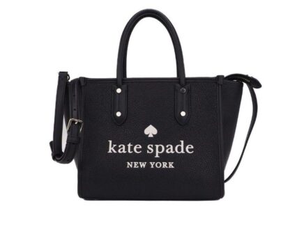 Kate Spade - Ella Small Black Pebbled Leather White Logo Crossbody Tote Handbag