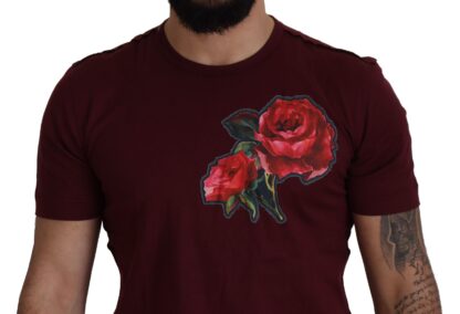 Dolce & Gabbana - Elegant Bordeaux Roses Motif Crewneck Tee