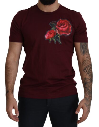 Dolce & Gabbana - Elegant Bordeaux Roses Motif Crewneck Tee