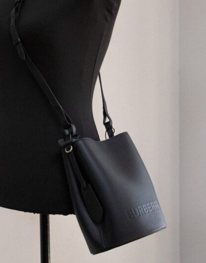 Burberry - Lorne Small Black Pebbled Leather Bucket Crossbody Handbag Purse