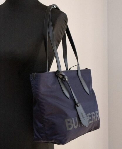 Burberry - Small Navy Blue Logo Econyl Nylon Tote Shoulder Handbag Purse