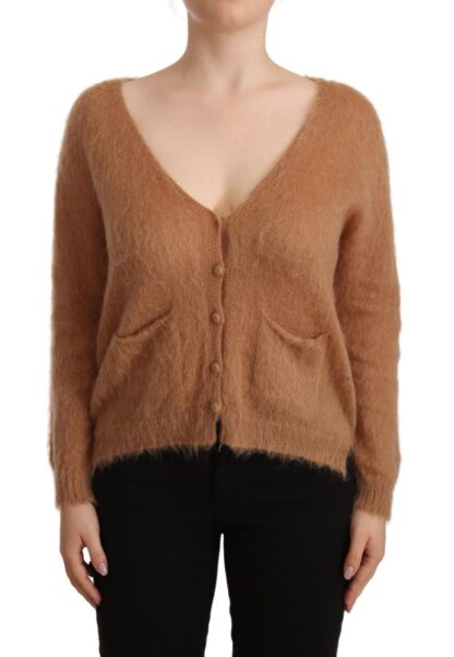 PINK MEMORIES - Chic Brown Knit Cardigan with Front Button Closure