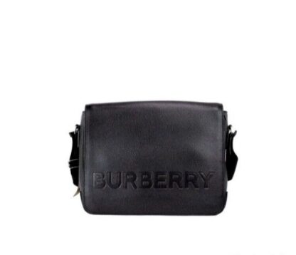 Burberry - Bruno Small Black Embossed Branded Pebble Leather Messenger Handbag