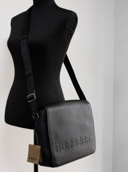 Burberry - Bruno Small Black Embossed Branded Pebble Leather Messenger Handbag