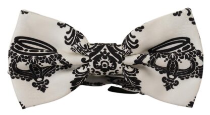 Dolce & Gabbana - Elegant White Silk Bow Tie with Crown Pattern