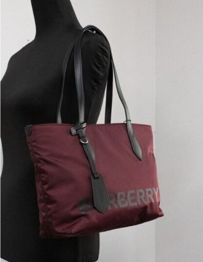 Burberry - Small Burgundy Logo Branded Econyl Nylon Tote Shoulder Handbag Purse