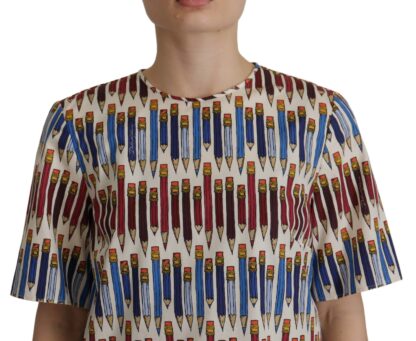 Dolce & Gabbana - Chic White Pencil Print Short Sleeve Blouse